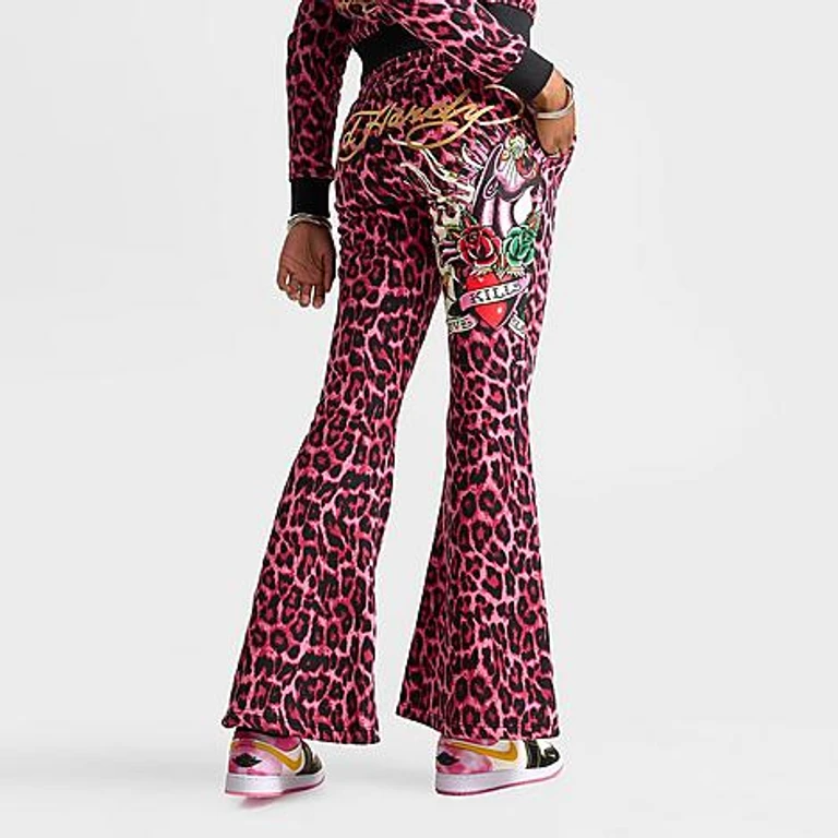 Women's Pink Panther Leopard Bootcut Fleece Pants in Pink Leopard Size: Small
