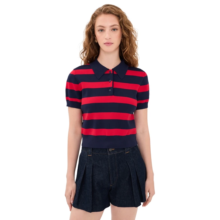 English Factory Striped Polo Knit Top Navy/Red L