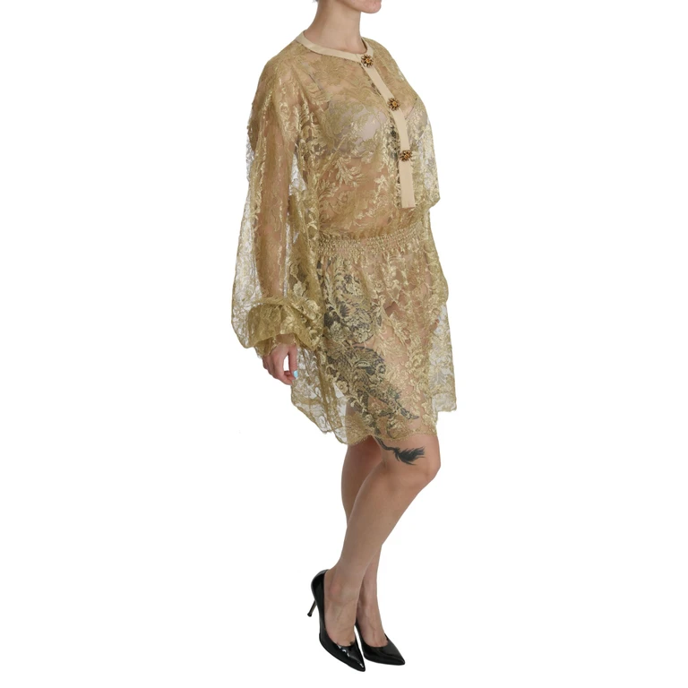 Dolce & Gabbana Gold Lace See Through A-Line Knee Length Dress Cotton Nylon Silk - Women