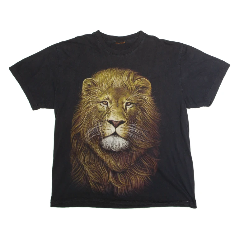Lion Print Mens T-Shirt Black Crew Neck XL