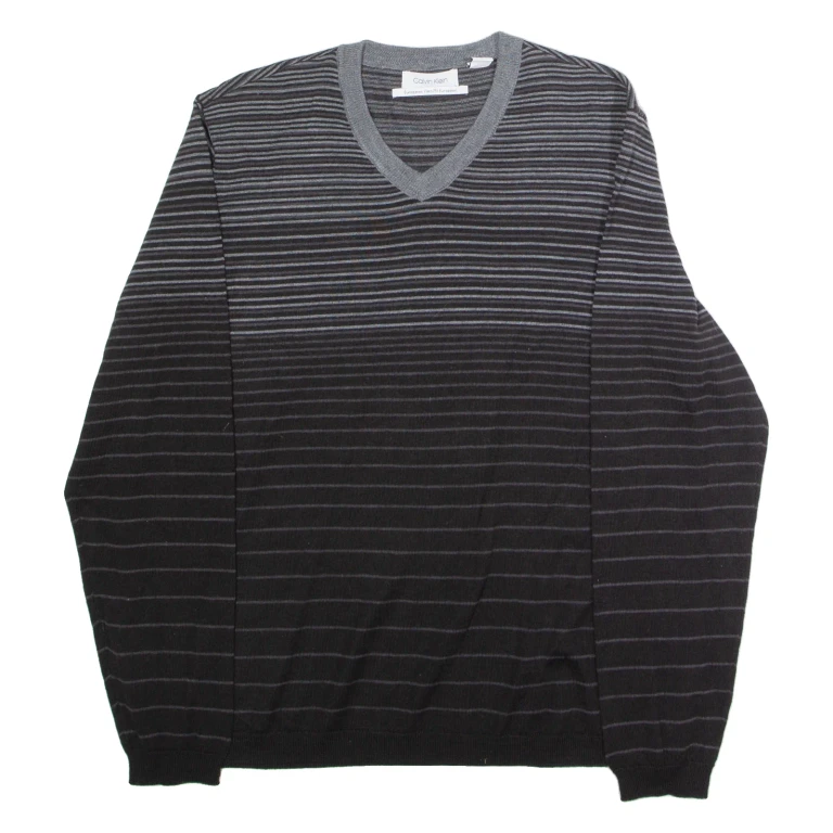 CALVIN KLEIN Mens Patterned Jumper Black Striped V-Neck Tight Knit Wool L