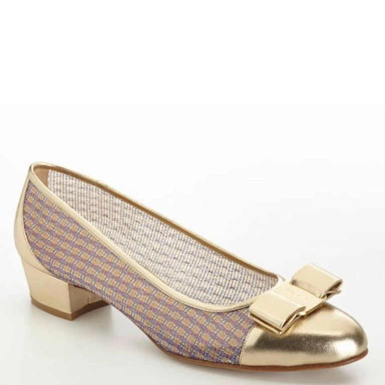 Ferragamo Vara Metallic Bow Cap-Toe Pumps, Size 7 C