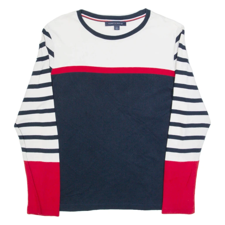 TOMMY HILFIGER Womens Patterned Jumper White Striped Tight Knit L