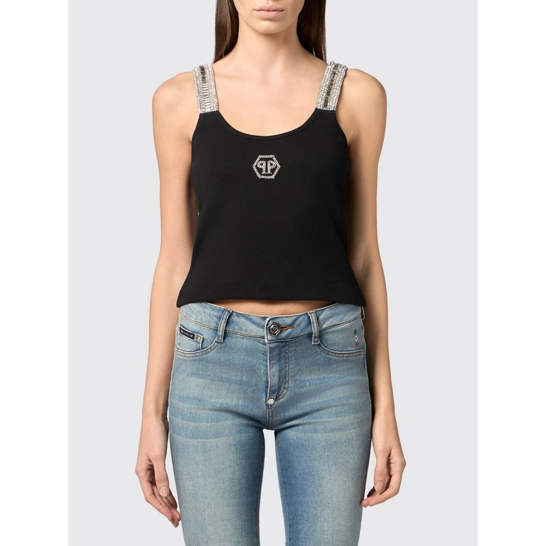 Cropped Cotton Top with Jewel Straps and Rhinestone Logo (PAFCWTK3878PJY002N02)