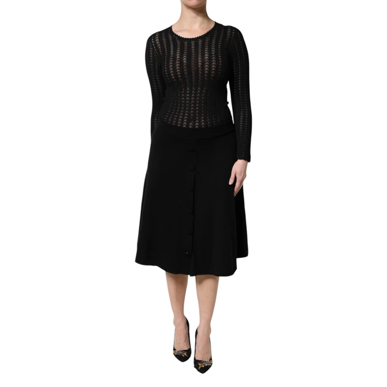 Dolce & Gabbana Black Cashmere Long Sleeves A-Line Midi Dress Viscose Polyester - Women