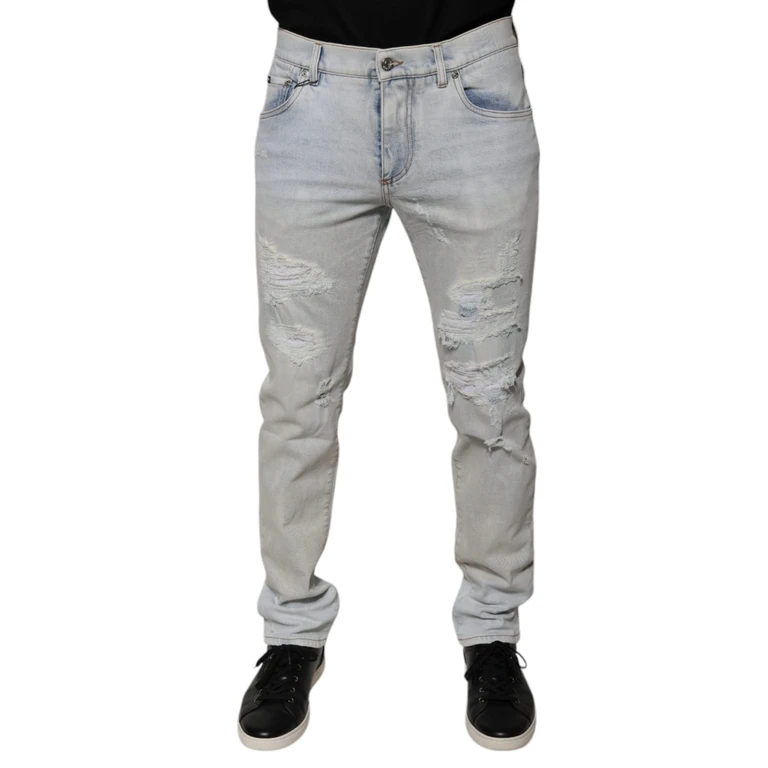 Dolce & Gabbana Light Blue Cotton Blend Tattered Skinny Denim Jeans Polyester Elastane Clothing - Men