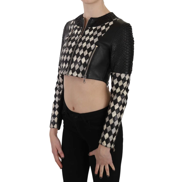Black White Leather Short Cropped Biker Jacket Coat Black/white - Women