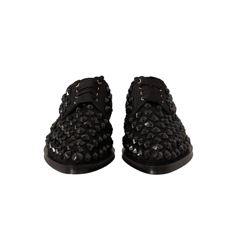 Dolce & Gabbana Black Lace Up Studded Formal Flats Shoes Gros Grain - Women