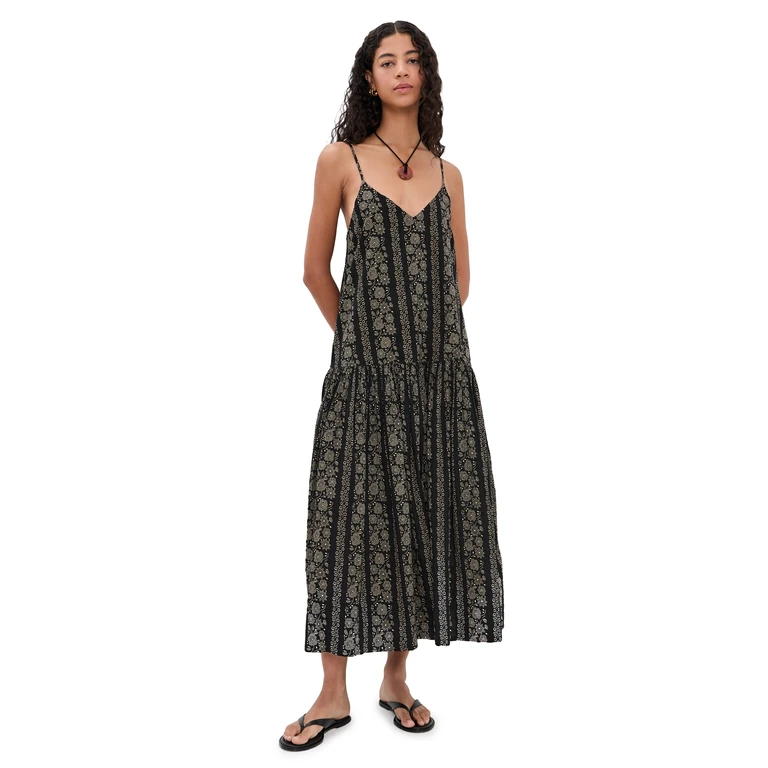 THE GREAT. The Drop Waist Midi Dress Black & Cream Token Floral 1