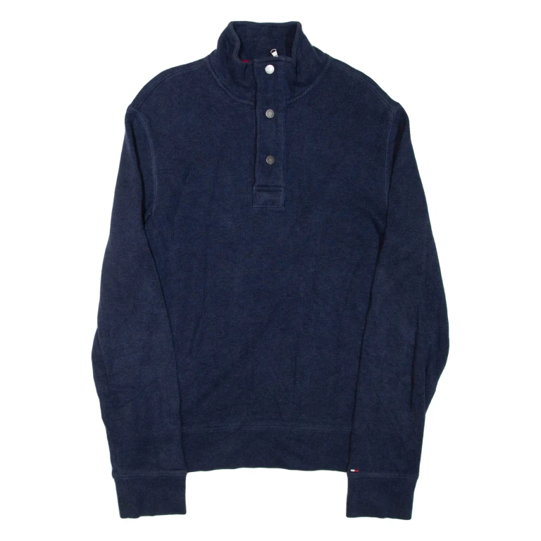 TOMMY HILFIGER Mens Jumper Blue Button Neck Tight Knit S