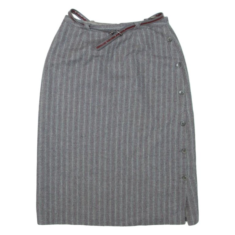 Belted Womens Pencil Skirt Grey Knee Length Wool Striped S