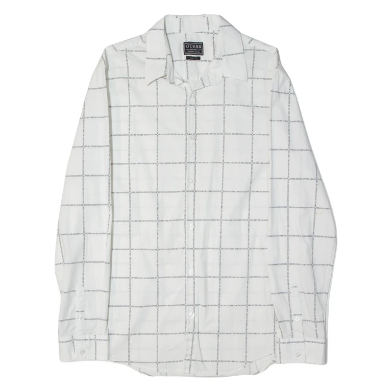GUESS Slim Fit All Over Print Mens Shirt White Check Long Sleeve XL