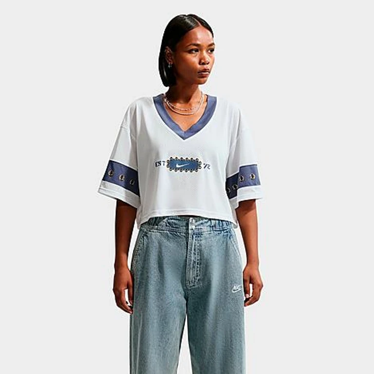 Nike Women's Sportswear Cropped Jersey Top in Off White/Diffused Blue Size: XS