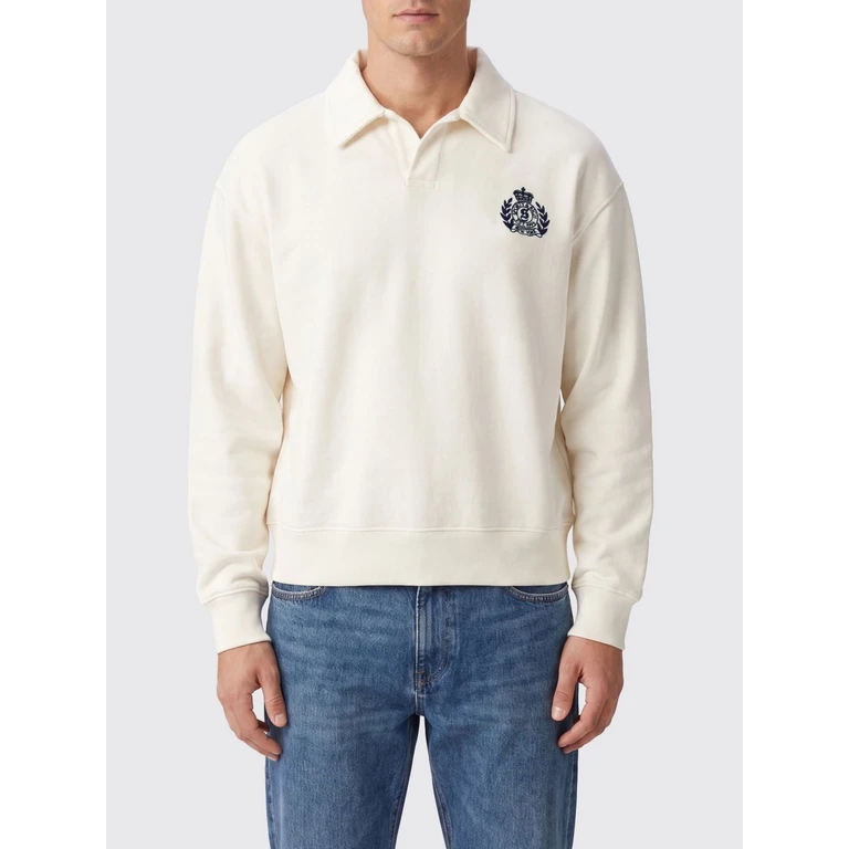Long-Sleeved Cotton Polo Shirt with Shield Logo and Dropped Shoulders (ST096710243WH01WHITENAVY)
