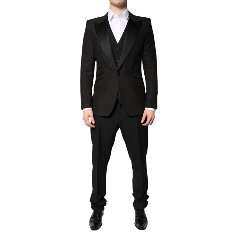 Dolce & Gabbana Black Single Breasted Formal 3 Piece Suit Virgin Wool Silk Polyester - Men
