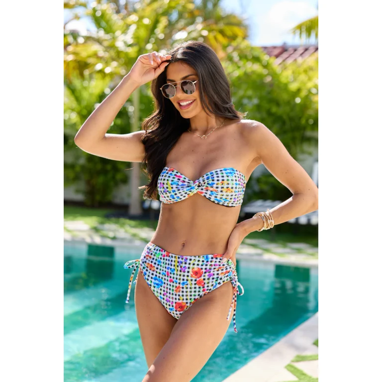 Tropical Bliss Floral Gingham Twist Bandeau Bikini Top