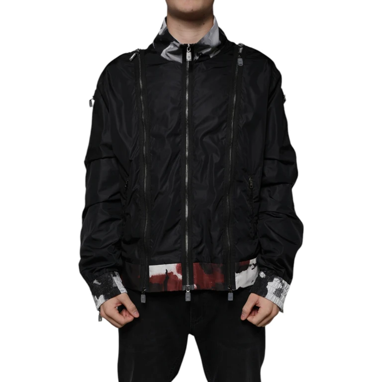 Black Nylon Full Zip Men Bomber Jacket Polyester Clothing - Men
