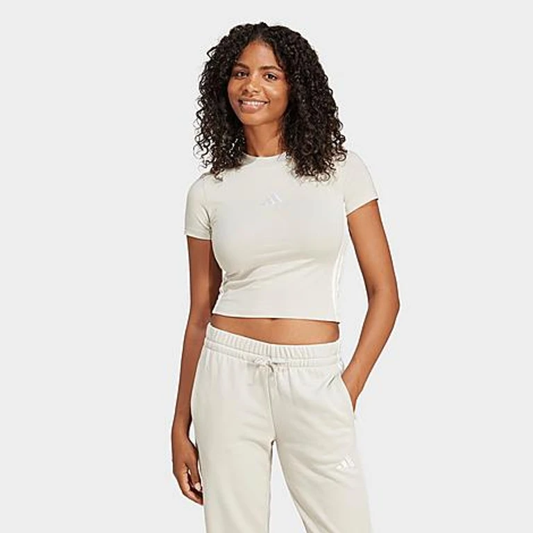 adidas Women's Essentials 3-Stripes Slim Baby T-Shirt in Wonder Alumina/White Size: XS