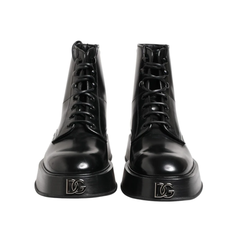 Dolce & Gabbana Black Leather Logo Ankle Boots Lace Up Shoes Calf - Men