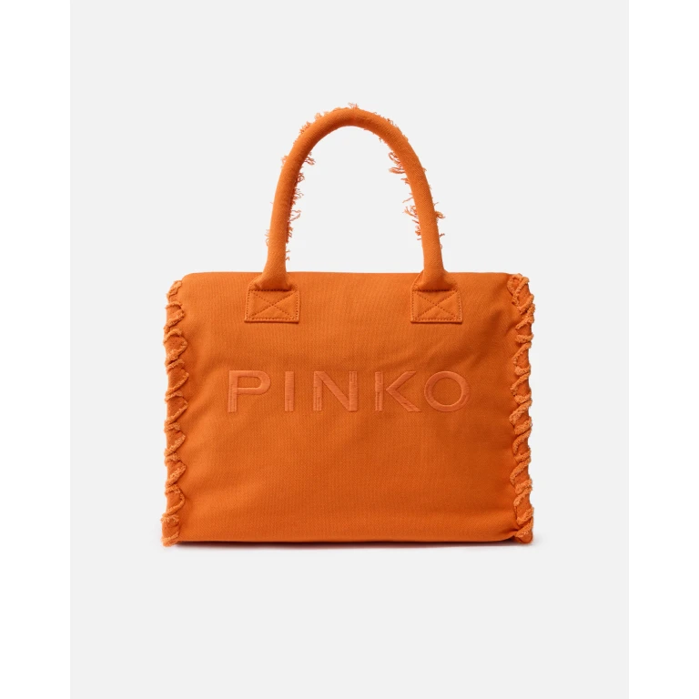 Pinko - Cabas moyen Beach en canvas à logo et franges