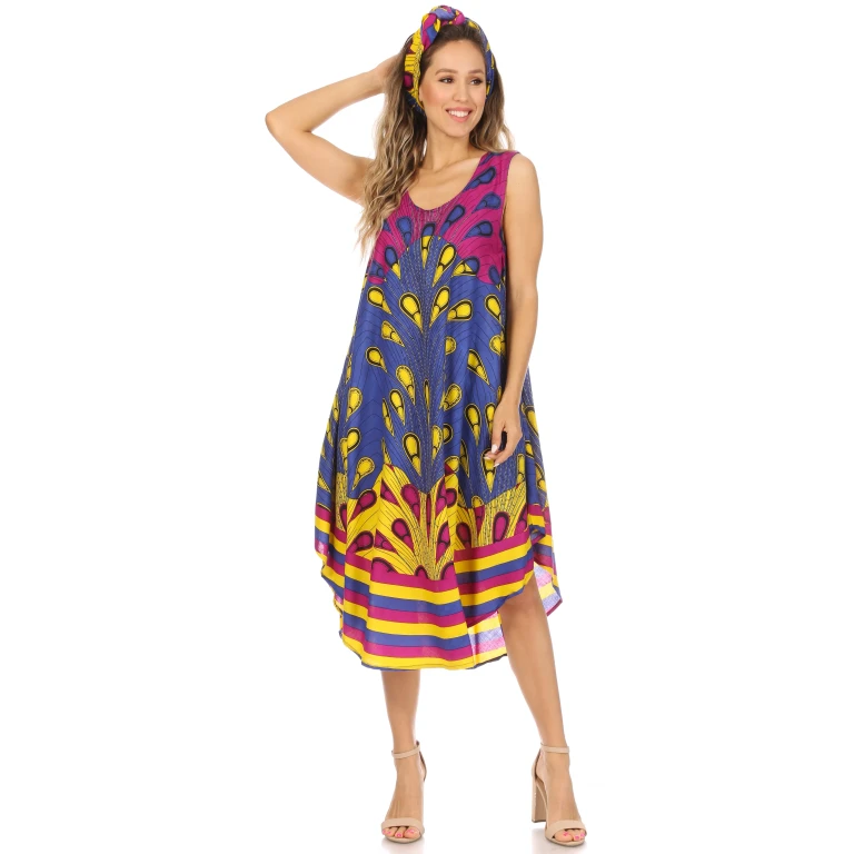 Sakkas Urbi Women's Casual African Print Beach Sleeveless Cover-up Caftan Dress