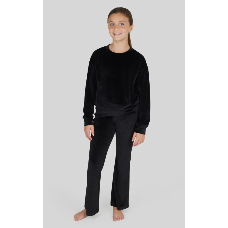Girls Rib Velour Crew Neck Top With Pockets + Rib Velour Crossover Flared Leg Pant + Scrunchie Set