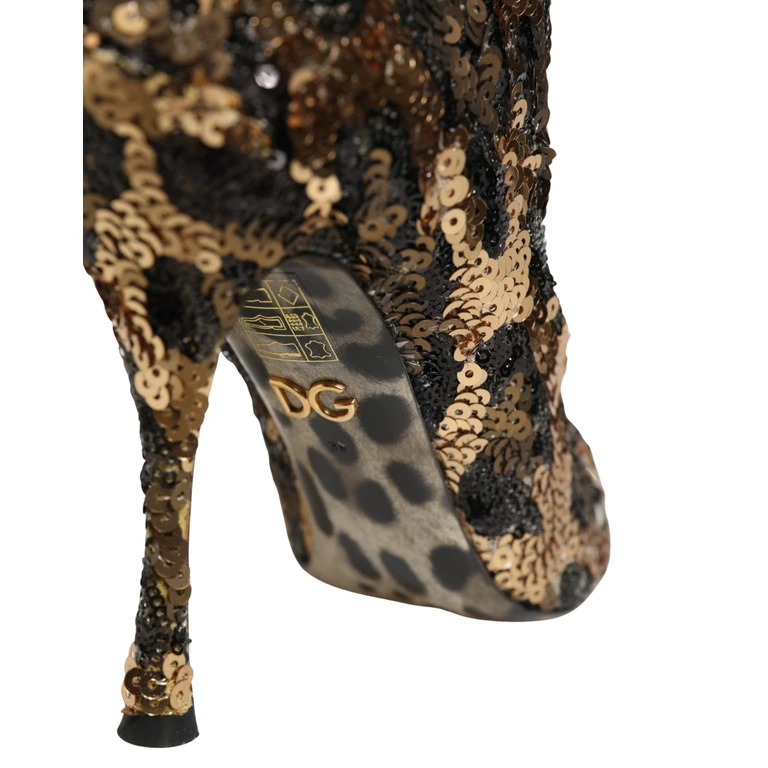 Dolce & Gabbana Gold Leopard Sequin Sock Ankle Boots Shoes Elastane Viscose - Women