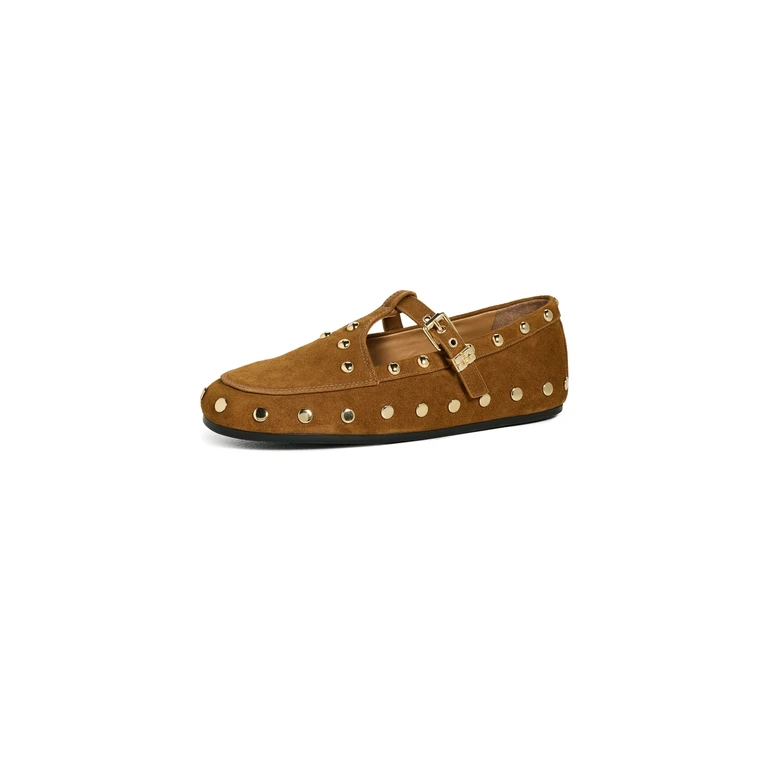 GANNI Mary Jenny Studs Suede Flats Caramel Café 37