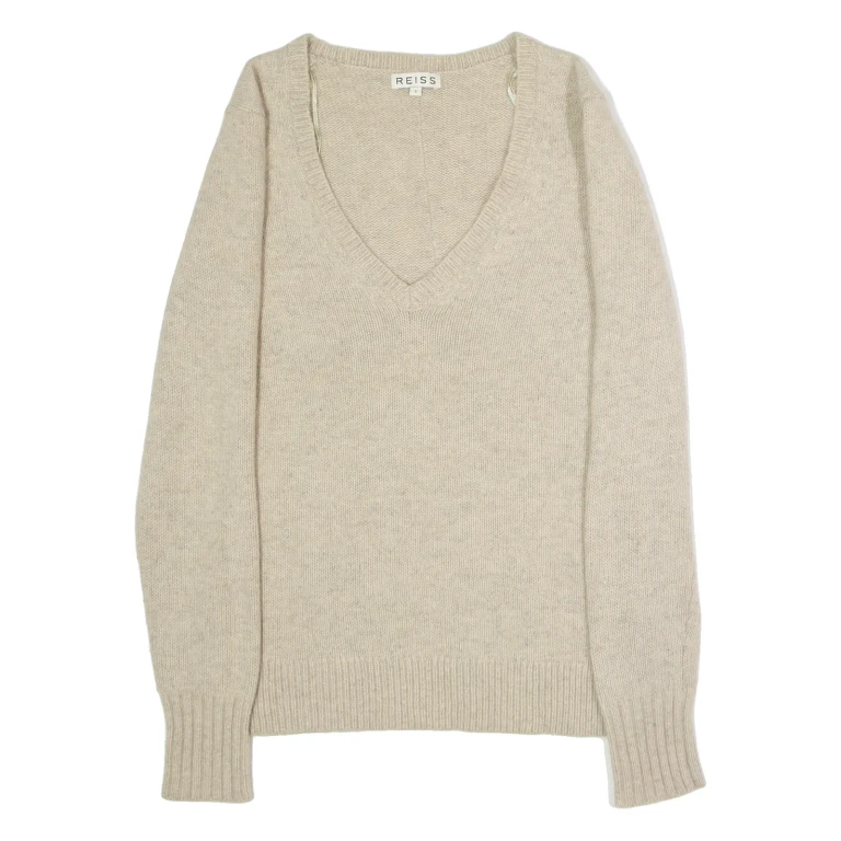 REISS Snap Womens Jumper Beige V-Neck Tight Knit S