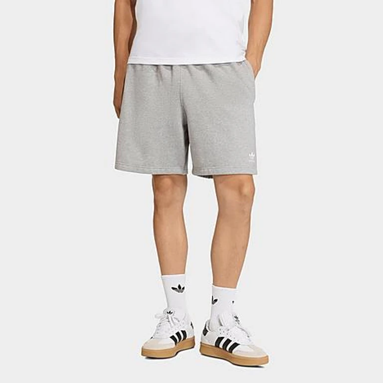 adidas Men's Originals Trefoil Essentials 7" Fleece Shorts in Medium Grey Heather Size: Small