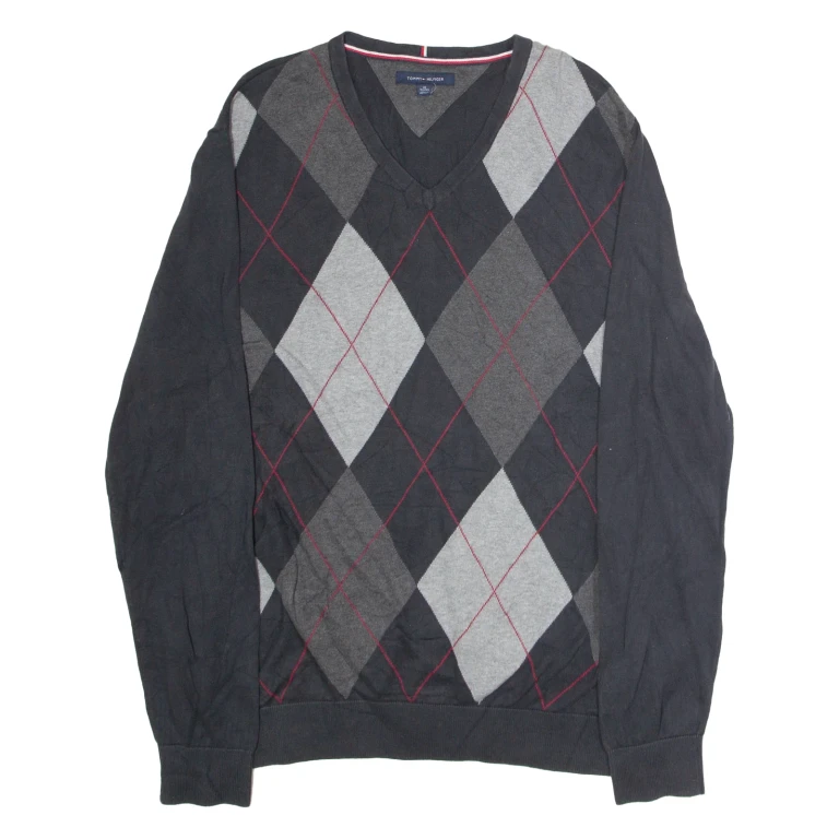 TOMMY HILFIGER Mens Patterned Jumper Black Argyle V-Neck Tight Knit XL