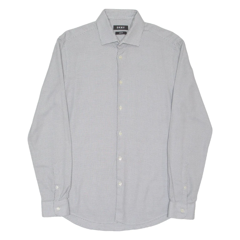 DKNY Slim Fit Mens Shirt White Spotted Long Sleeve M