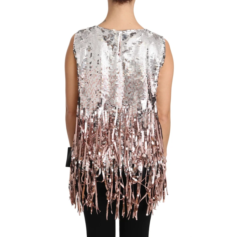 Dolce & Gabbana Golden Pink Sequined Fringe Tank Top Gold And Nylon - Women