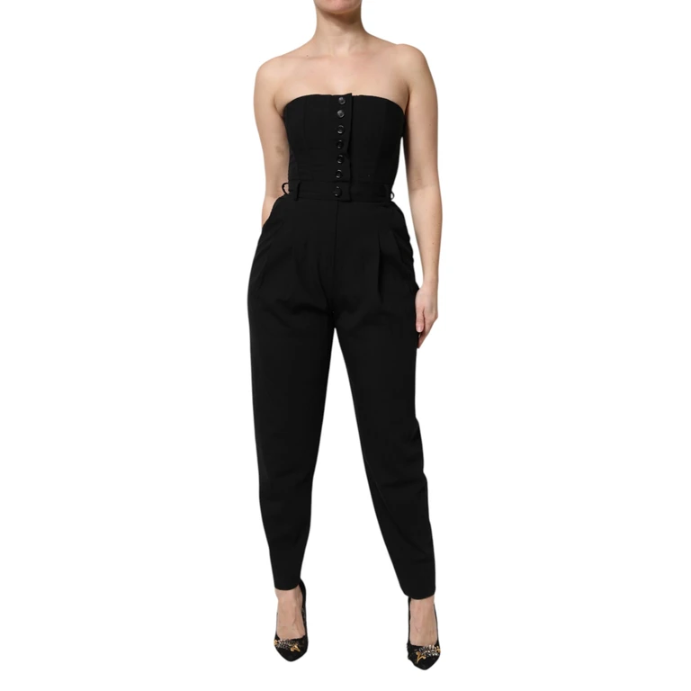Black Wool Strapless Romper Jumpsuit Dress Virgin Elastane - Women