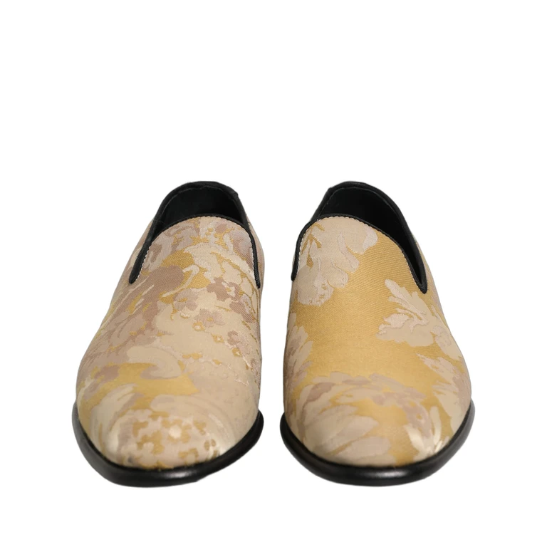 Dolce & Gabbana Gold Floral Print Jacquard Men Loafers Shoes Leather - Men