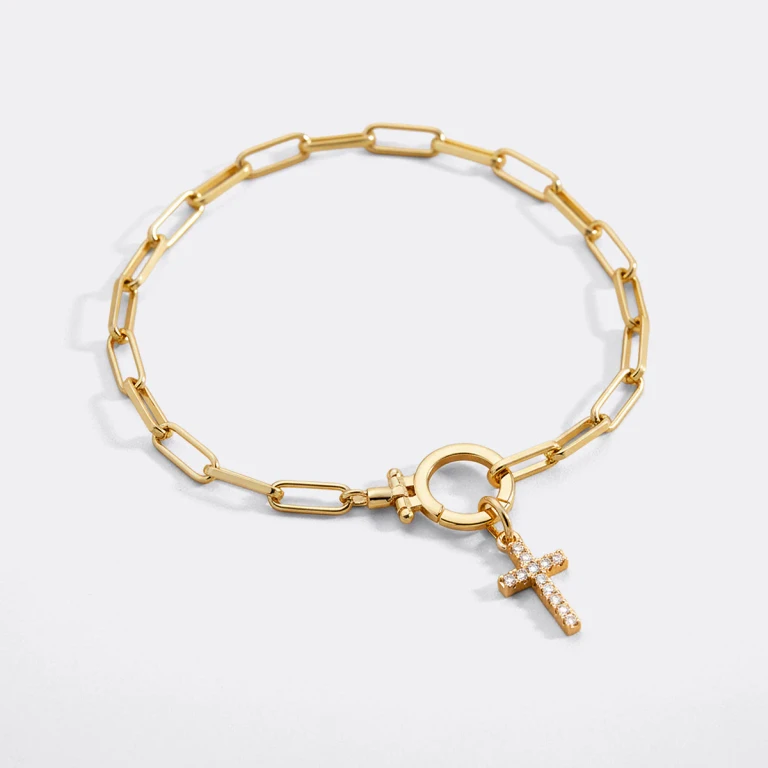Mint Paperclip Bracelet with Pave Cross Charm