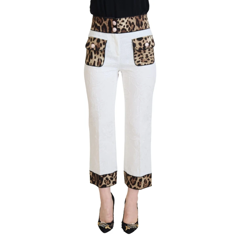 Dolce & Gabbana White Leopard Print High Waist Pants Cotton - Women
