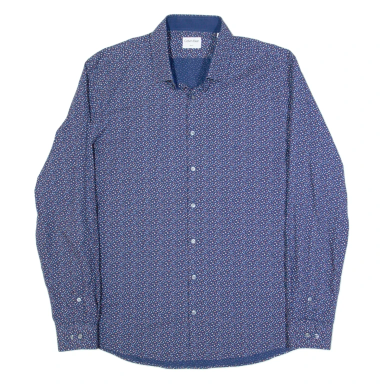 CALVIN KLEIN Slim Fit Mens Shirt Blue Spotted Long Sleeve XL