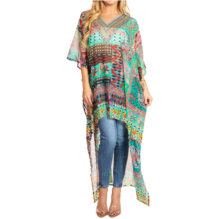 Sakkas Zeke Hi Low V-Neck Caftan Dress Printed Top Cover / Up
