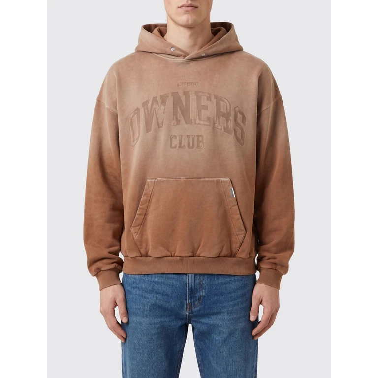 Cotton Hoodie with Kangaroo Pocket and Logo Print (OCM100044SIENNA)