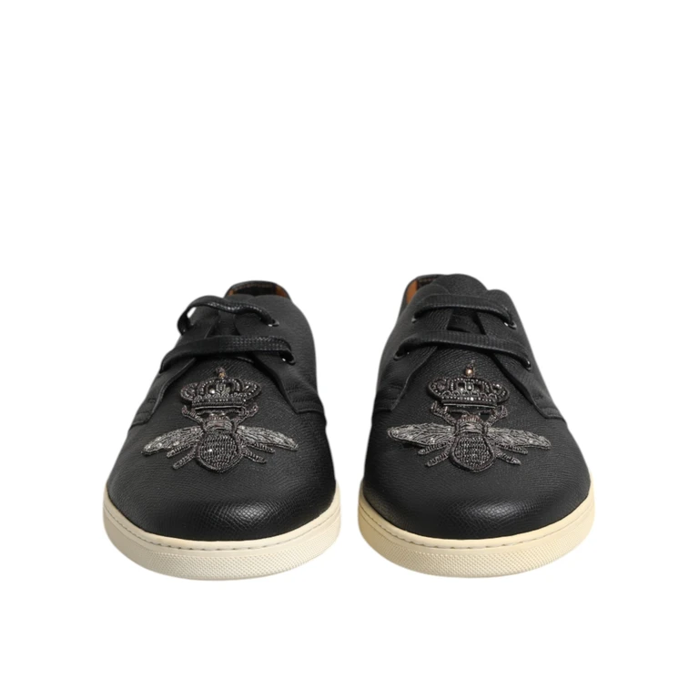 Black Leather Bee Crown Low Top Sneakers Shoes Calf - Men