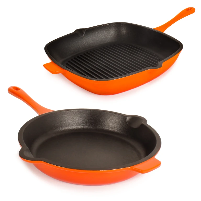 Neo 2pc Cast Iron 10" Fry Pan & 11" Grill Pan Cookware Set, Orange