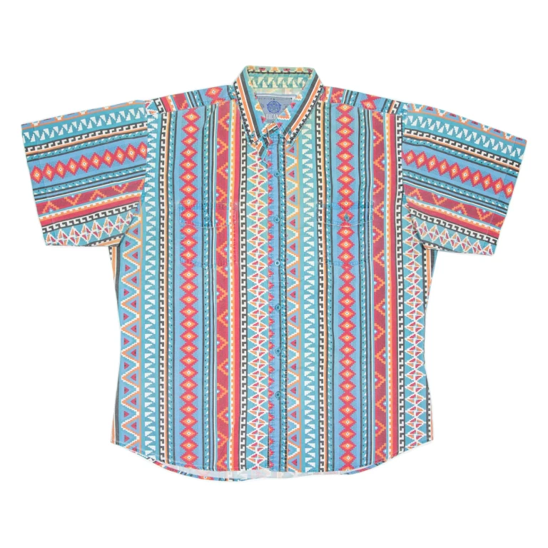 AMERICAN HERO Mens Denim Shirt Blue Crazy Pattern XL
