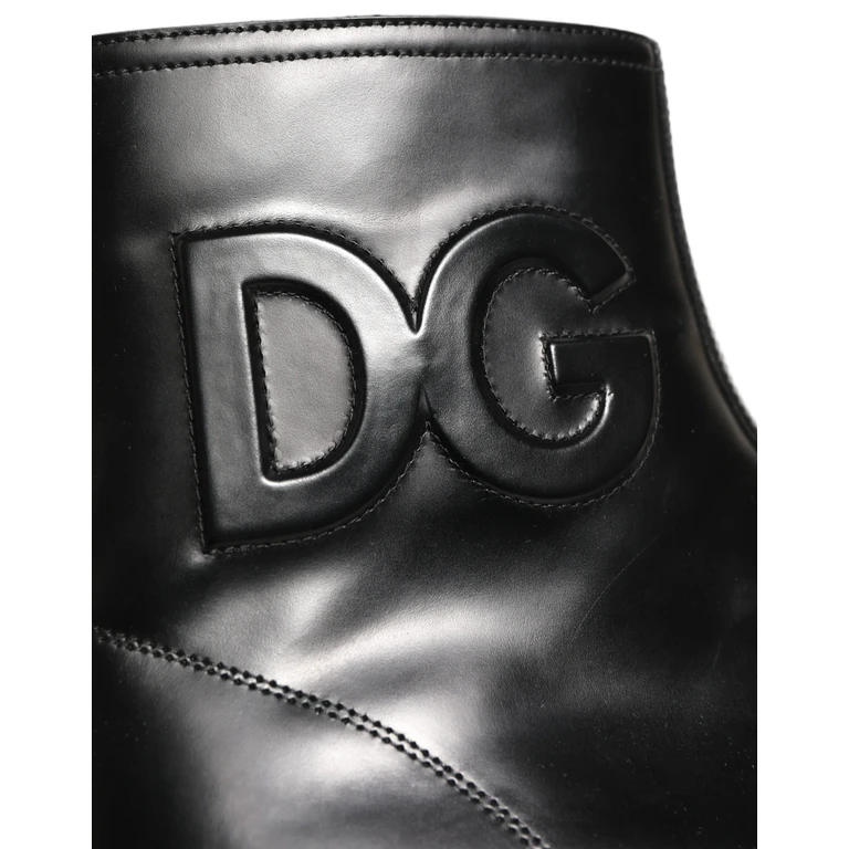 Dolce & Gabbana Black Leather Embossed Logo Ankle Boots Shoes - Men