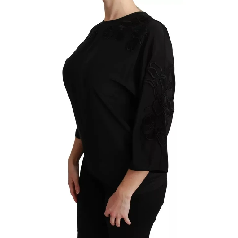 Black Floral Embroidered Blouse Silk Top - Women