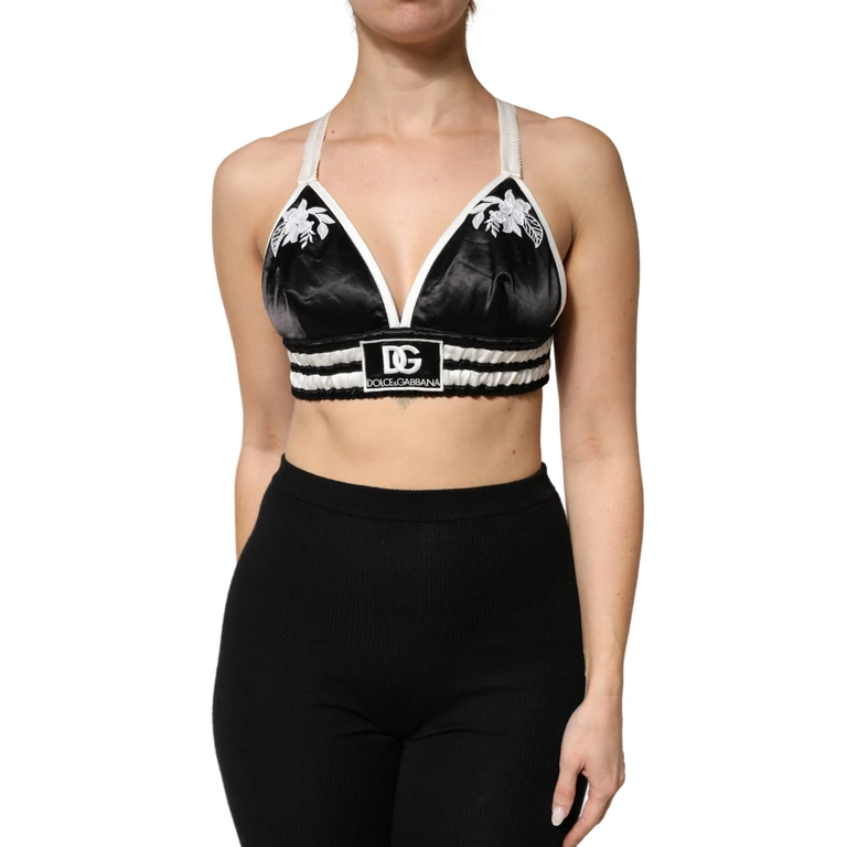 Black Floral Silk Satin Crop Logo Bralette Top Black/white Polyester Spandex - Women