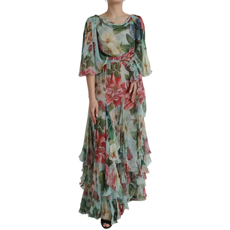 Dolce & Gabbana Blue Floral Print Tiered Long Maxi Dress Silk - Women