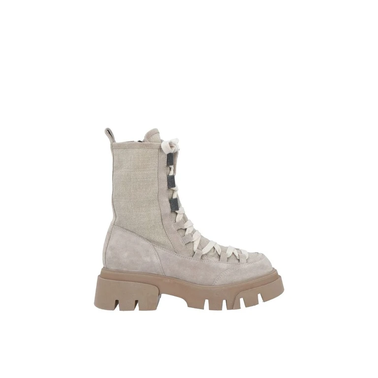 Beige Leather Lace-Up Boots - Women