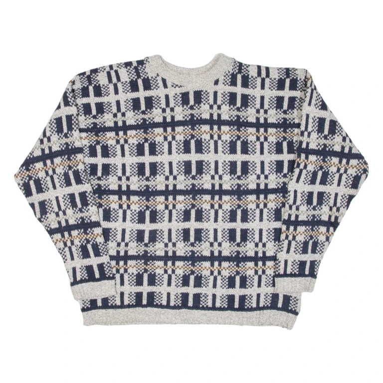 PENNS LANDING Mens Patterned Jumper Grey Fair Isle 90s Cable Knit L
