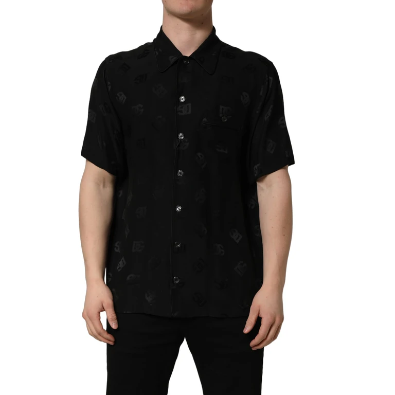 Black Logo Monogram Short Sleeves Men Shirt Silk - Men
